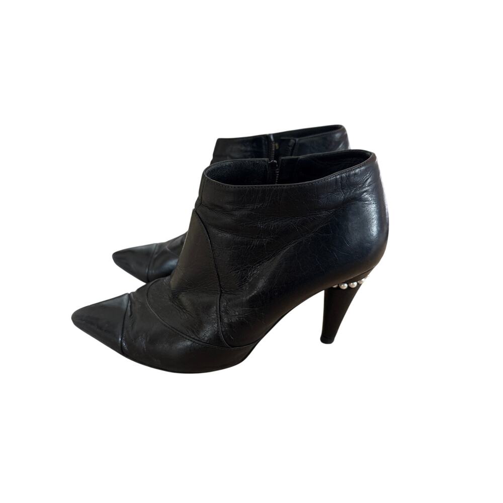 Chanel 15C Black Calfskin Faux Pearl Cone Heel Ankle Booties 36